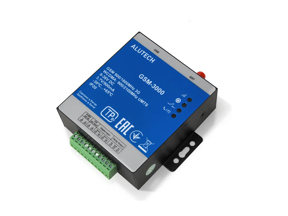 GSM-модуль Alutech GSM-3000 в синем корпусе с клеммной колодкой и разъёмом антенны