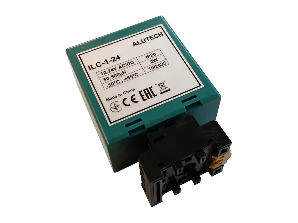 Детектор индукционной петли Alutech ILC-1-24 — бирюзовый корпус на DIN-рейку с этикеткой характеристик